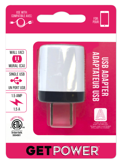 GetPower® 1.5 Amp Single USB to AC Wall Adapter